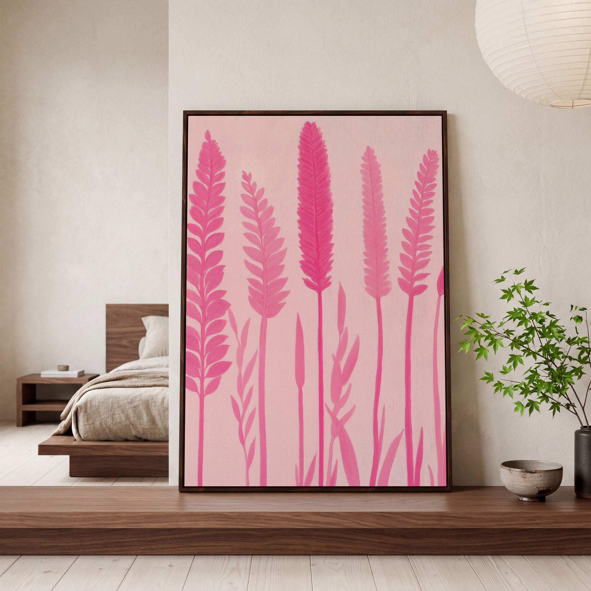 Pink Floral Stalks Canvas in dark walnut floating frame