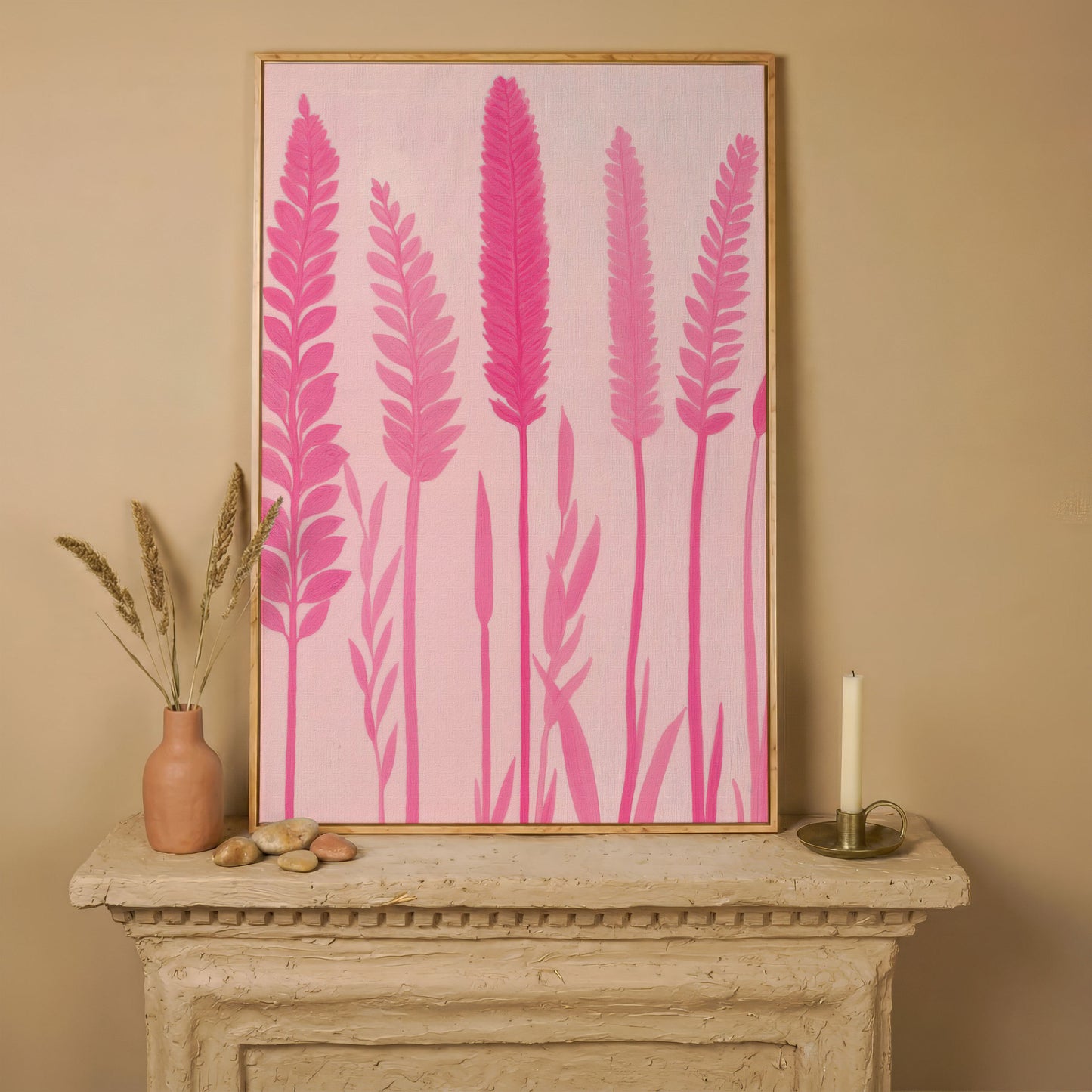 Pink Floral Stalks Canvas in white oak floating frame