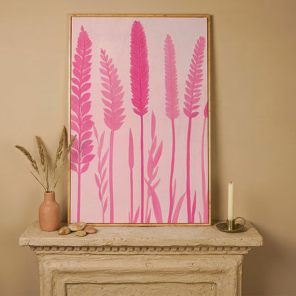Pink Floral Stalks Canvas in white oak floating frame