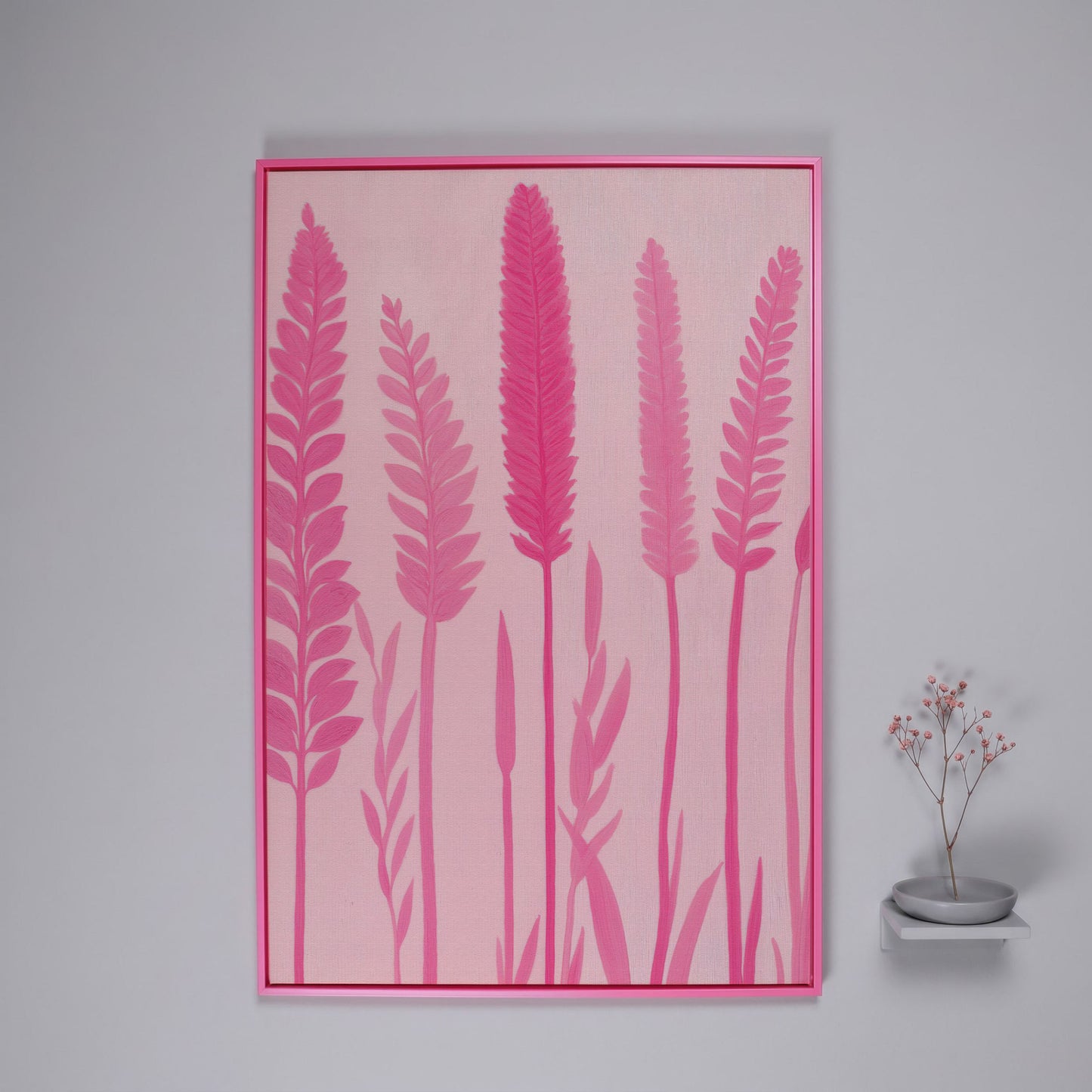 Pink Floral Stalks Canvas in pink floating frame