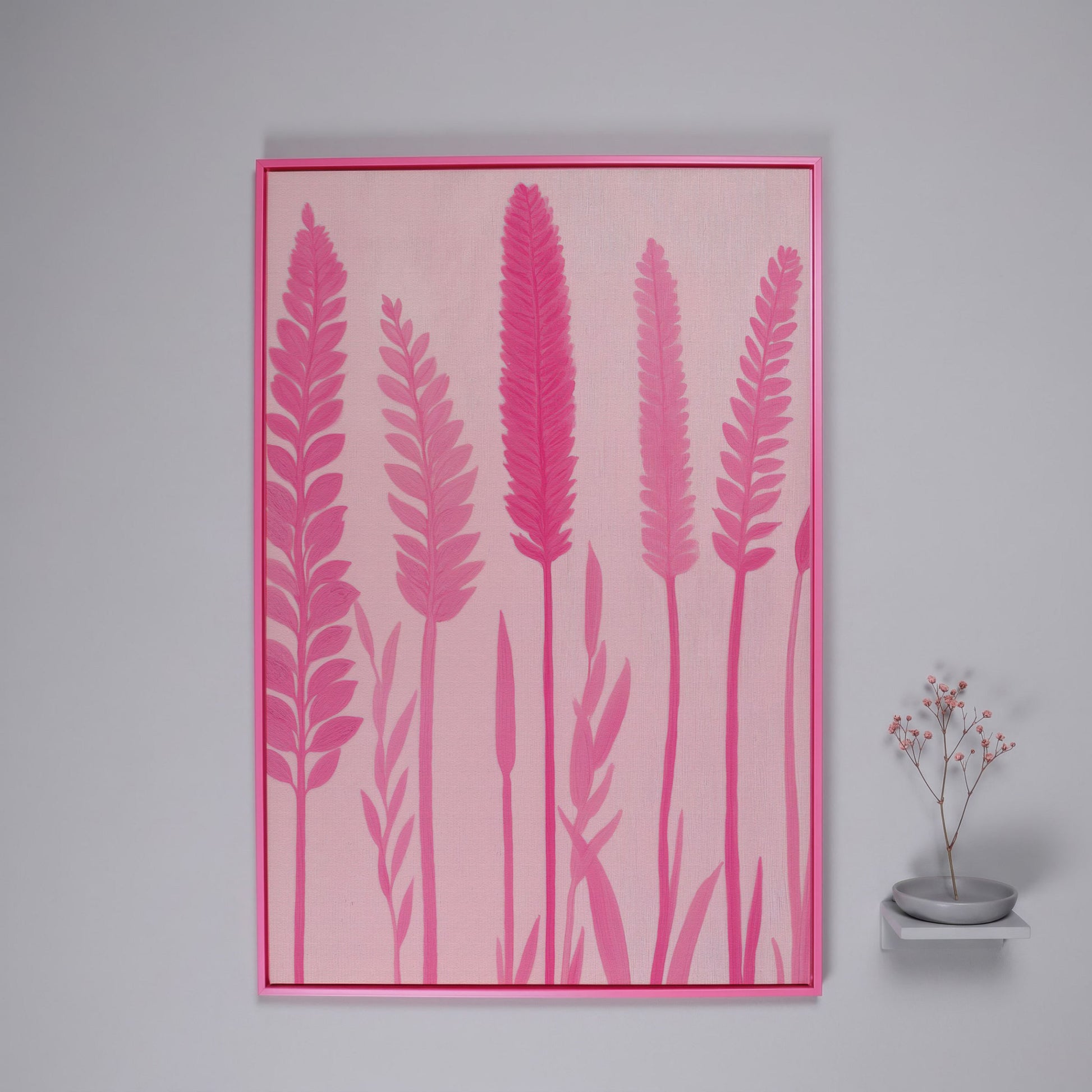 Pink Floral Stalks Canvas in pink floating frame
