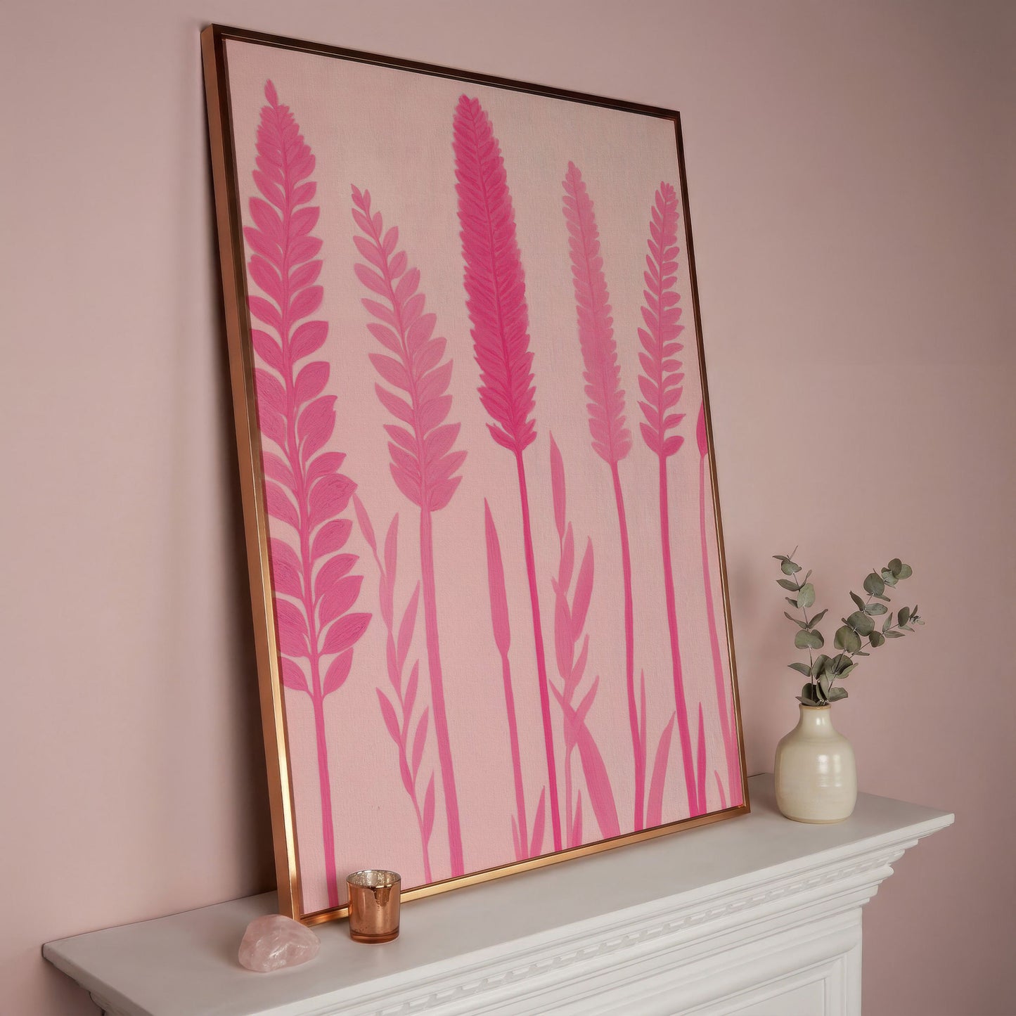 Pink Floral Stalks Canvas in rose gold floating frame