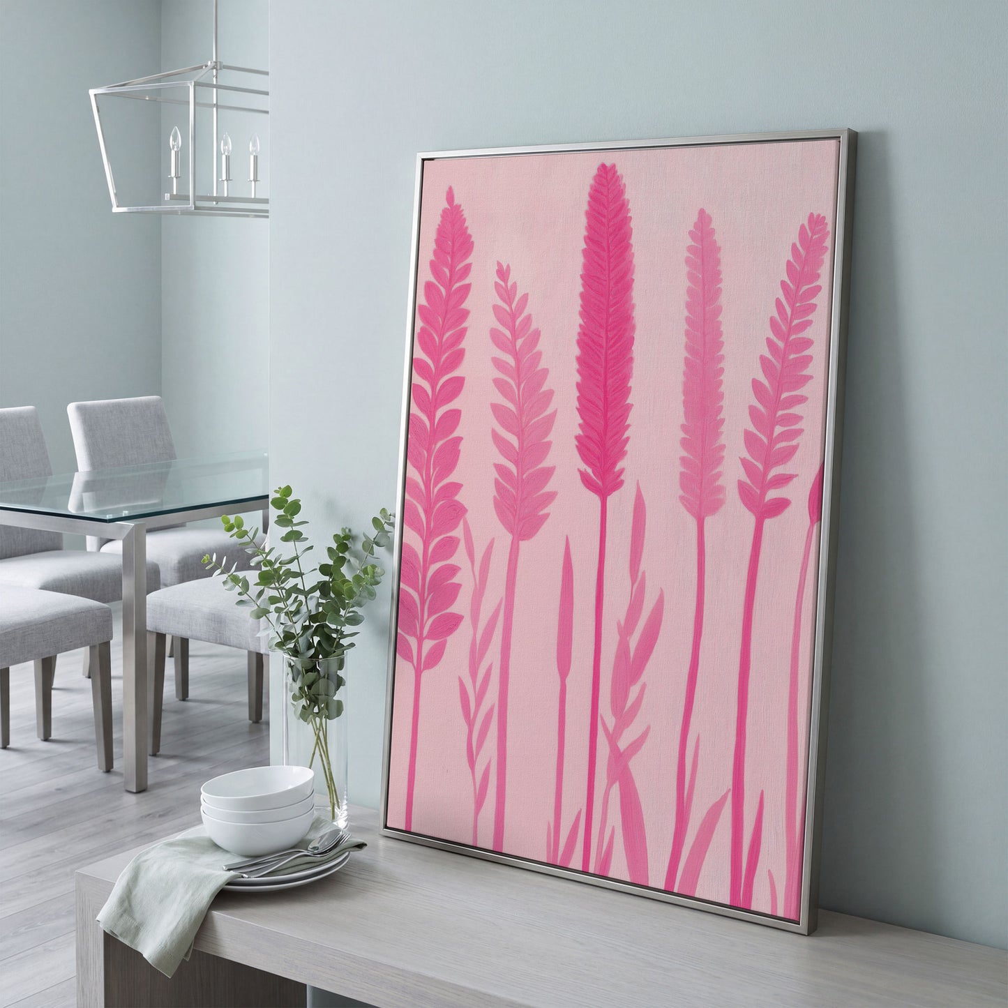 Pink Floral Stalks Canvas in silver floating frame