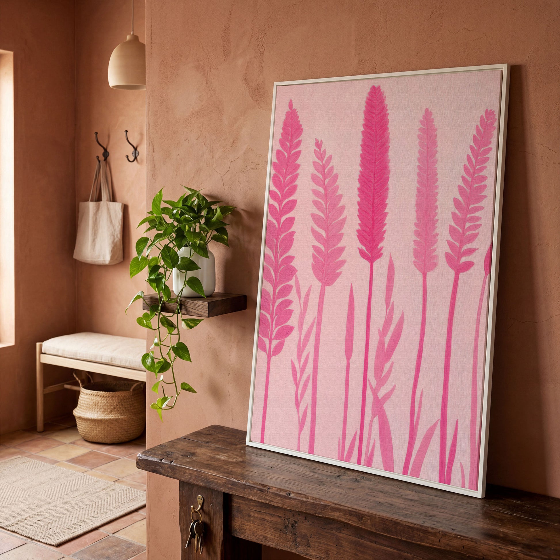 Pink Floral Stalks Canvas in white floating frame