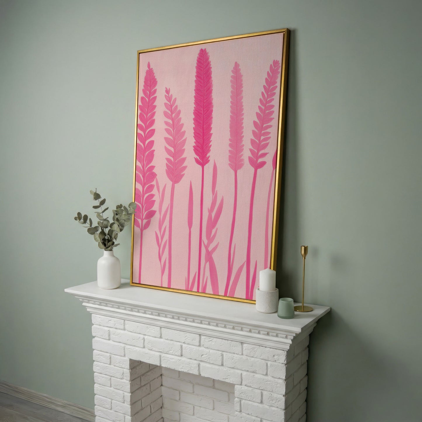 Pink Floral Stalks Canvas in yellow gold floating frame