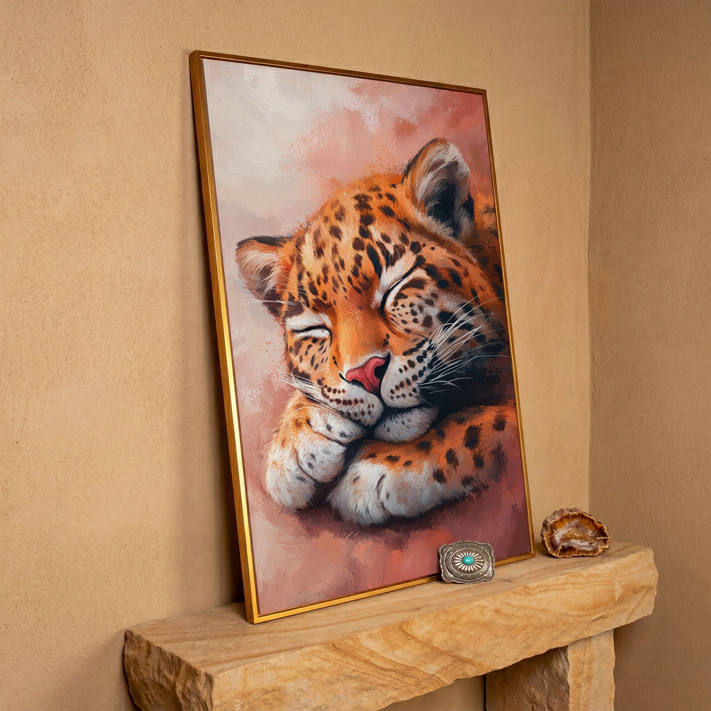 Sleeping Leopard with Pink Hues Canvas in antique gold floating frame