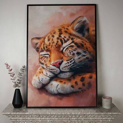 Sleeping Leopard with Pink Hues Canvas in black floating frame