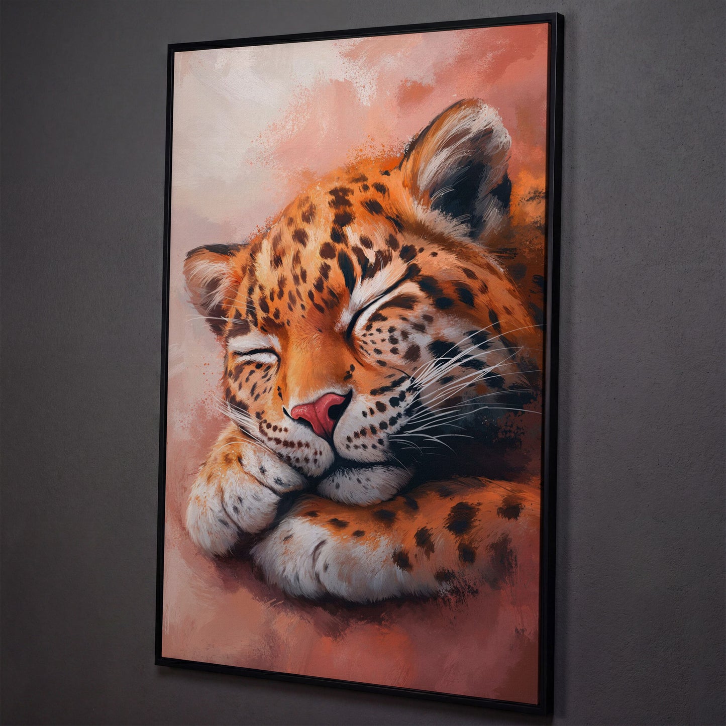 Sleeping Leopard with Pink Hues Canvas shown in black floating frame