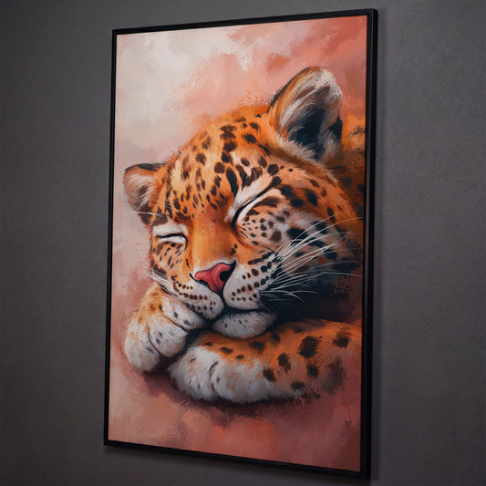 Sleeping Leopard with Pink Hues Canvas shown in black floating frame