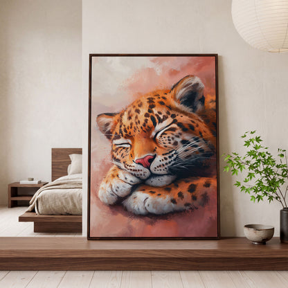 Sleeping Leopard with Pink Hues Canvas in dark walnut floating frame