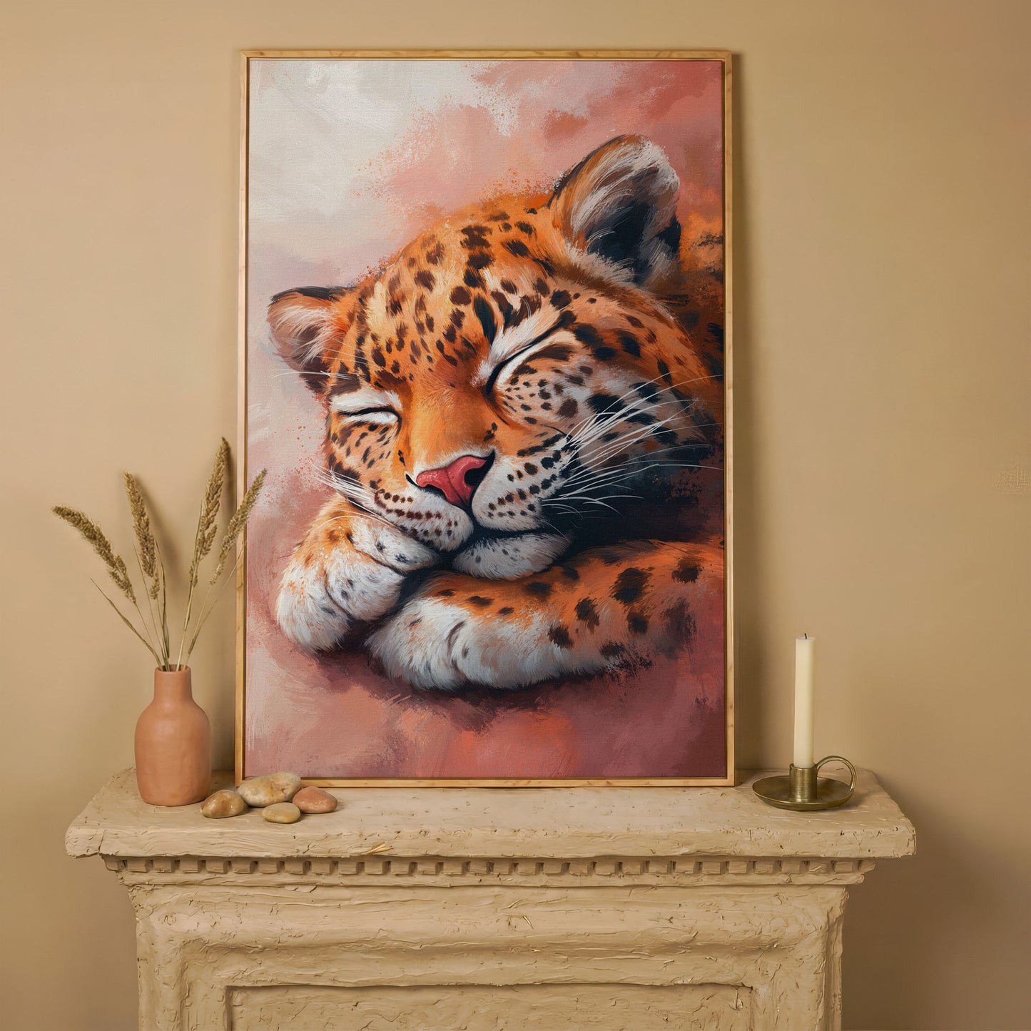 Sleeping Leopard with Pink Hues Canvas in white oak floating frame