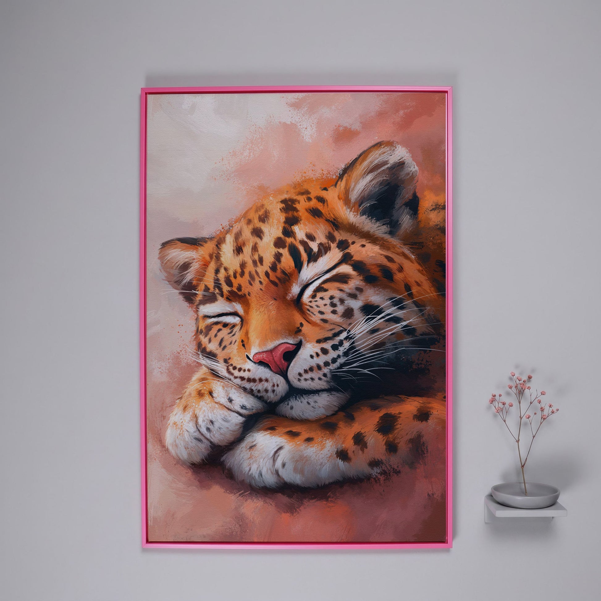 Sleeping Leopard with Pink Hues Canvas in pink floating frame