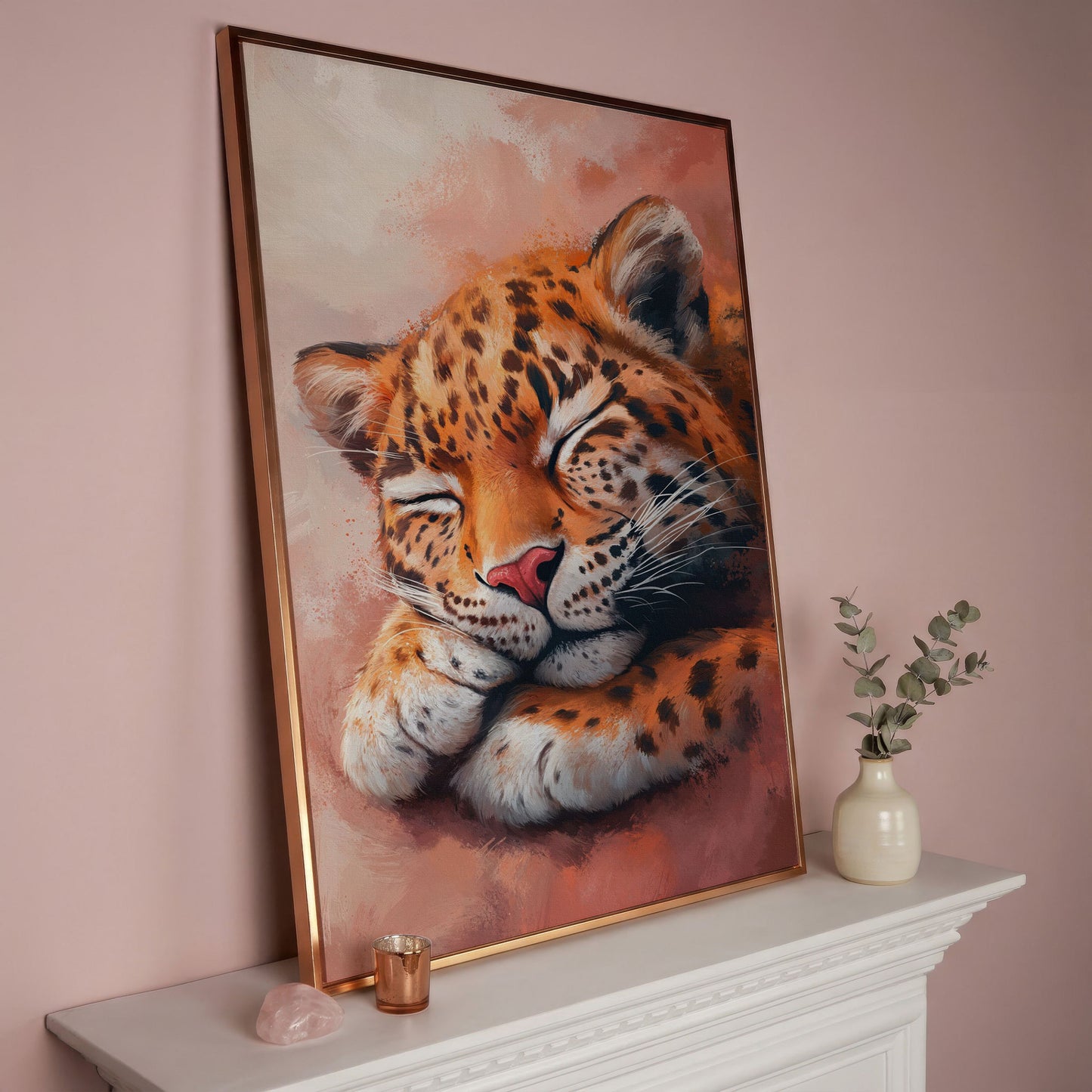 Sleeping Leopard with Pink Hues Canvas in rose gold floating frame