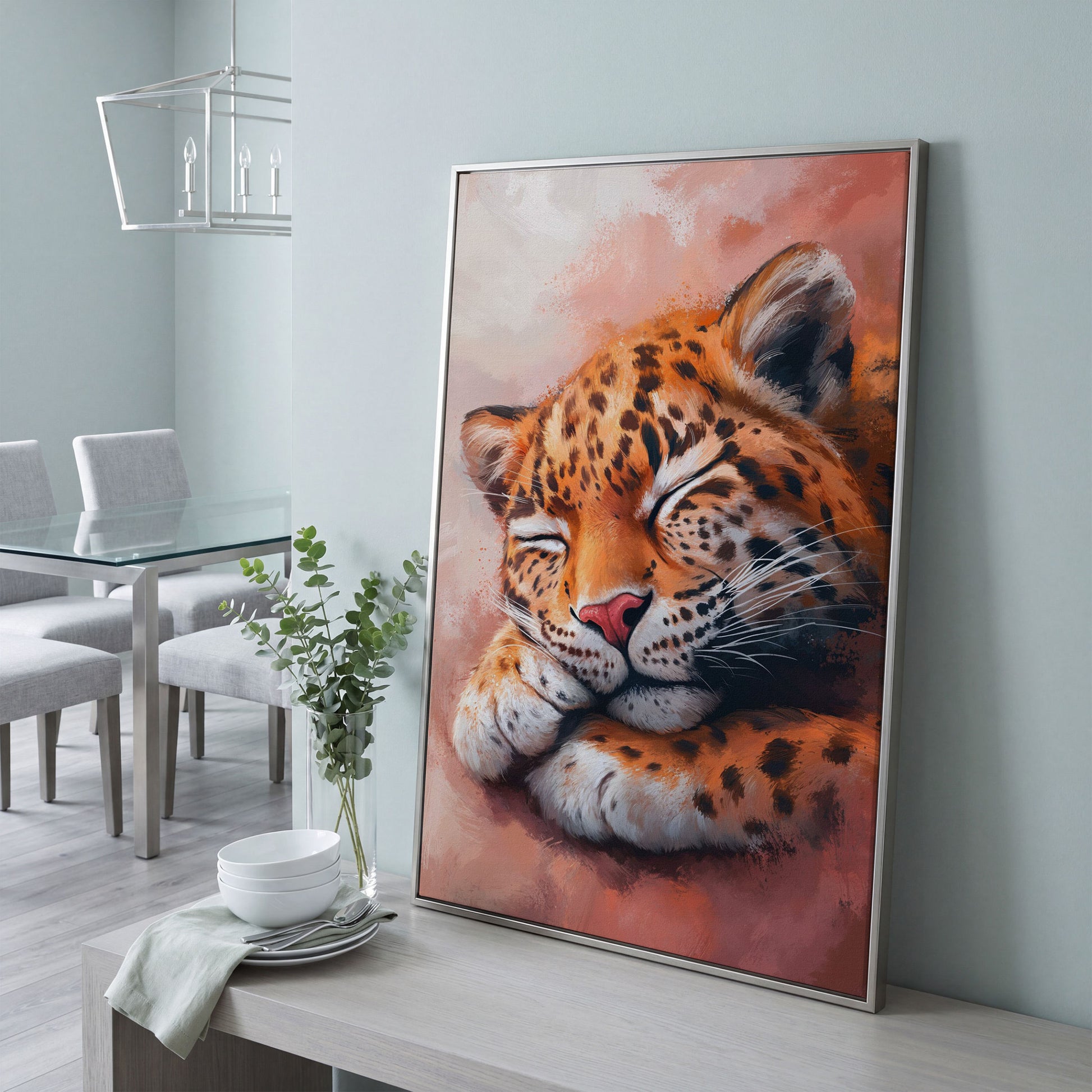 Sleeping Leopard with Pink Hues Canvas in silver floating frame