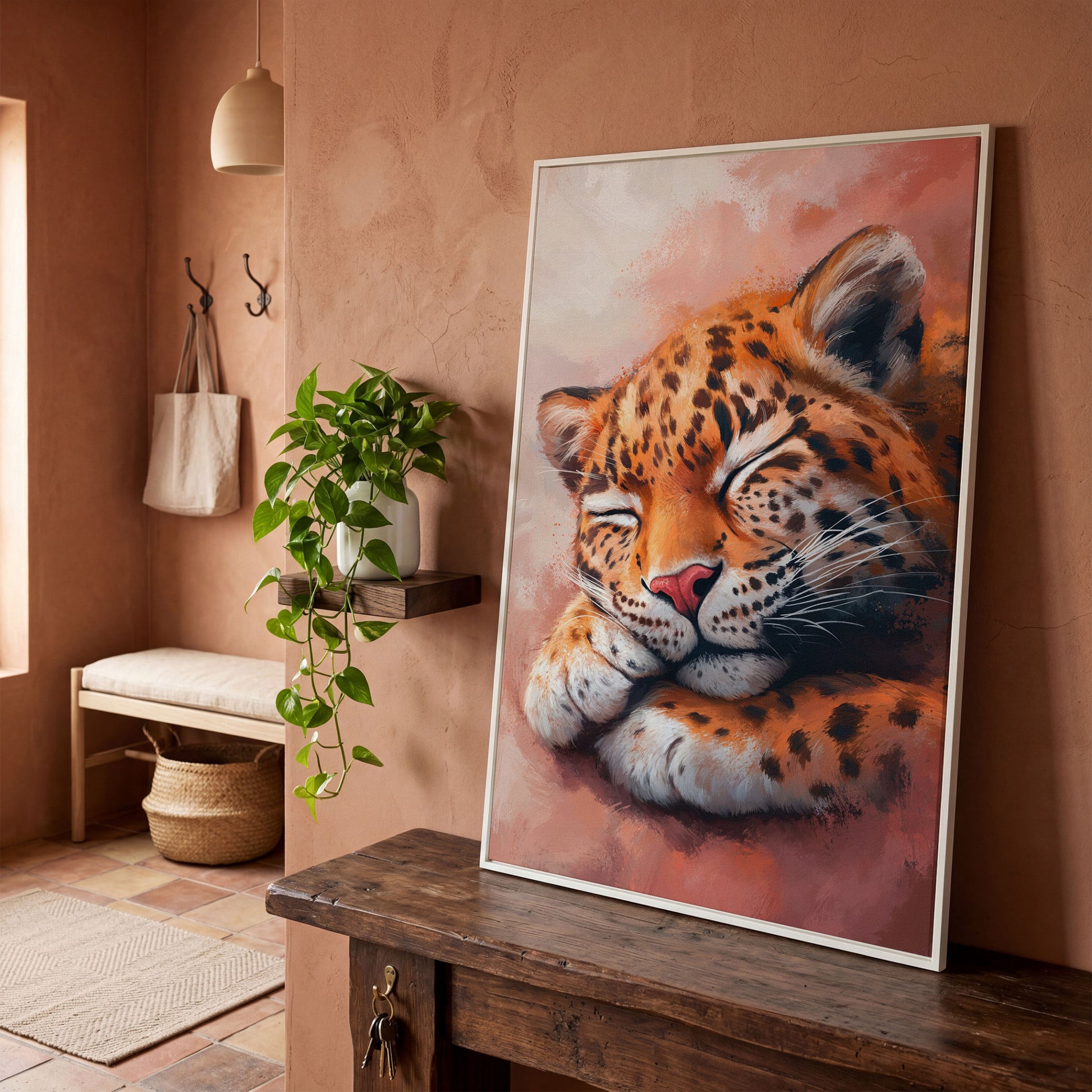 Sleeping Leopard with Pink Hues Canvas in white floating frame