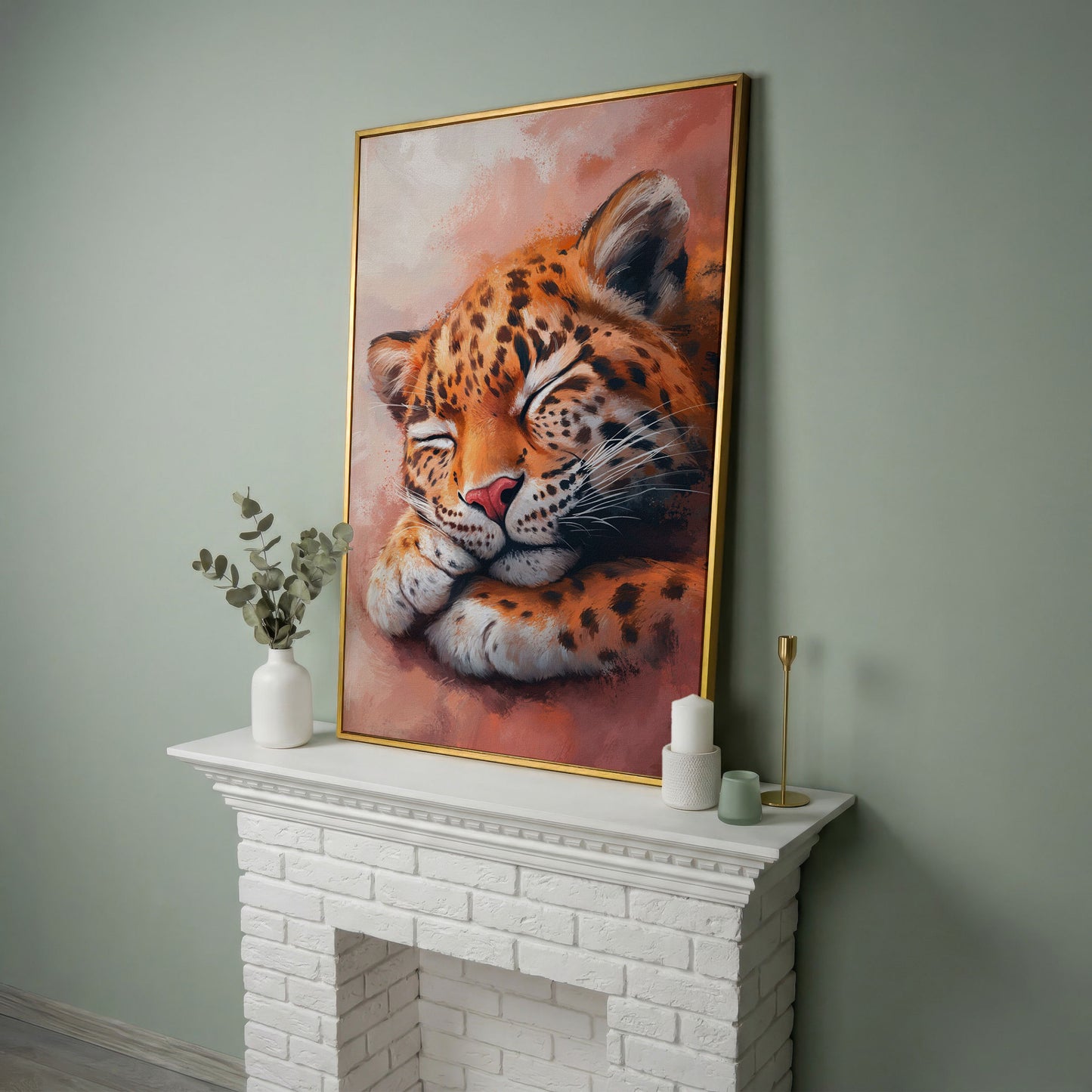 Sleeping Leopard with Pink Hues Canvas in yellow gold floating frame