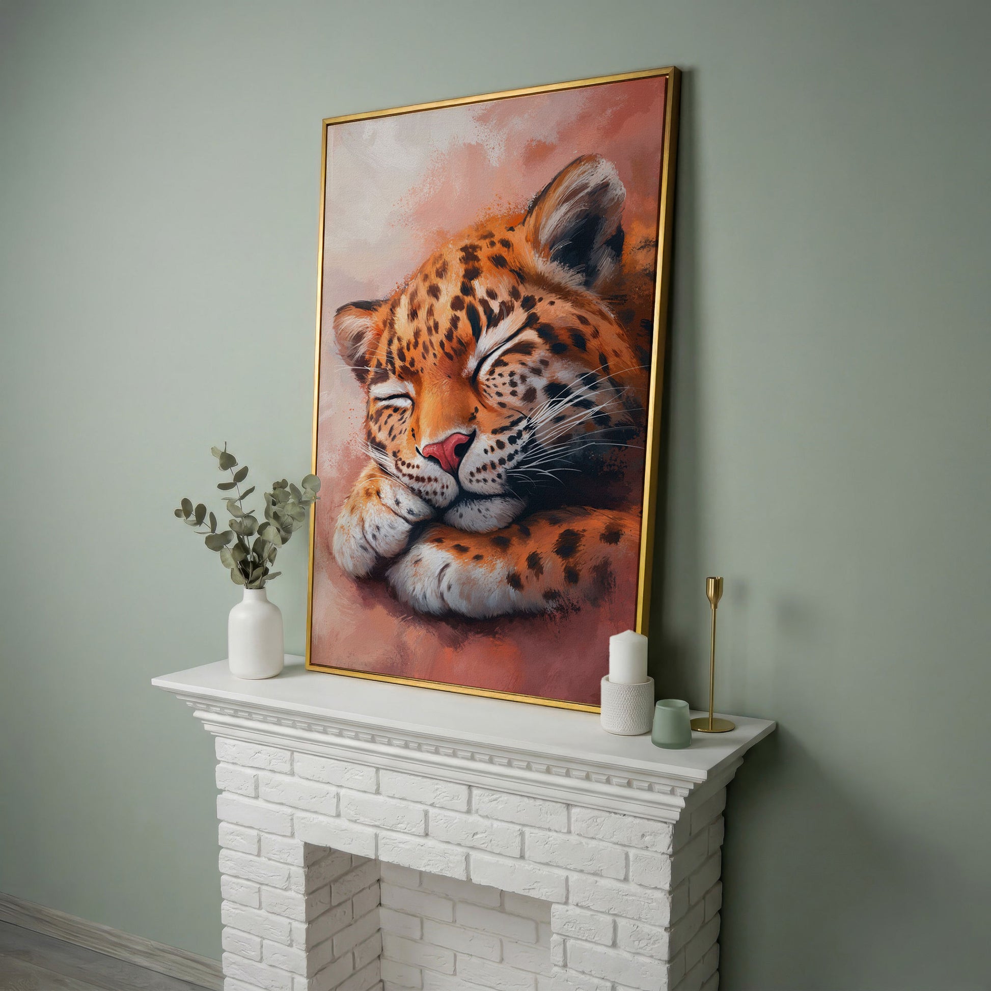 Sleeping Leopard with Pink Hues Canvas in yellow gold floating frame