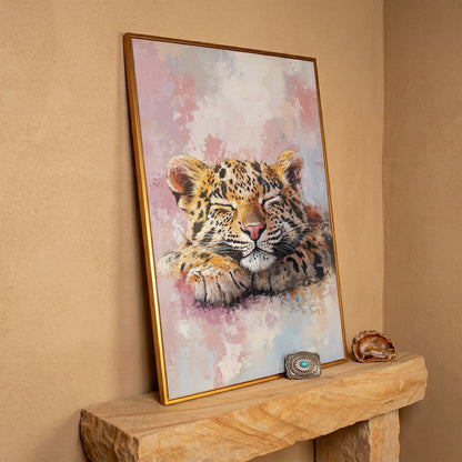 Sleeping Pink Leopard Canvas Print for Nursery in antique gold floating frame