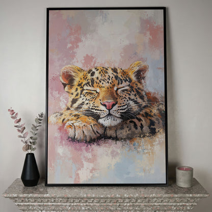 Sleeping Pink Leopard Canvas Print for Nursery in black floating frame