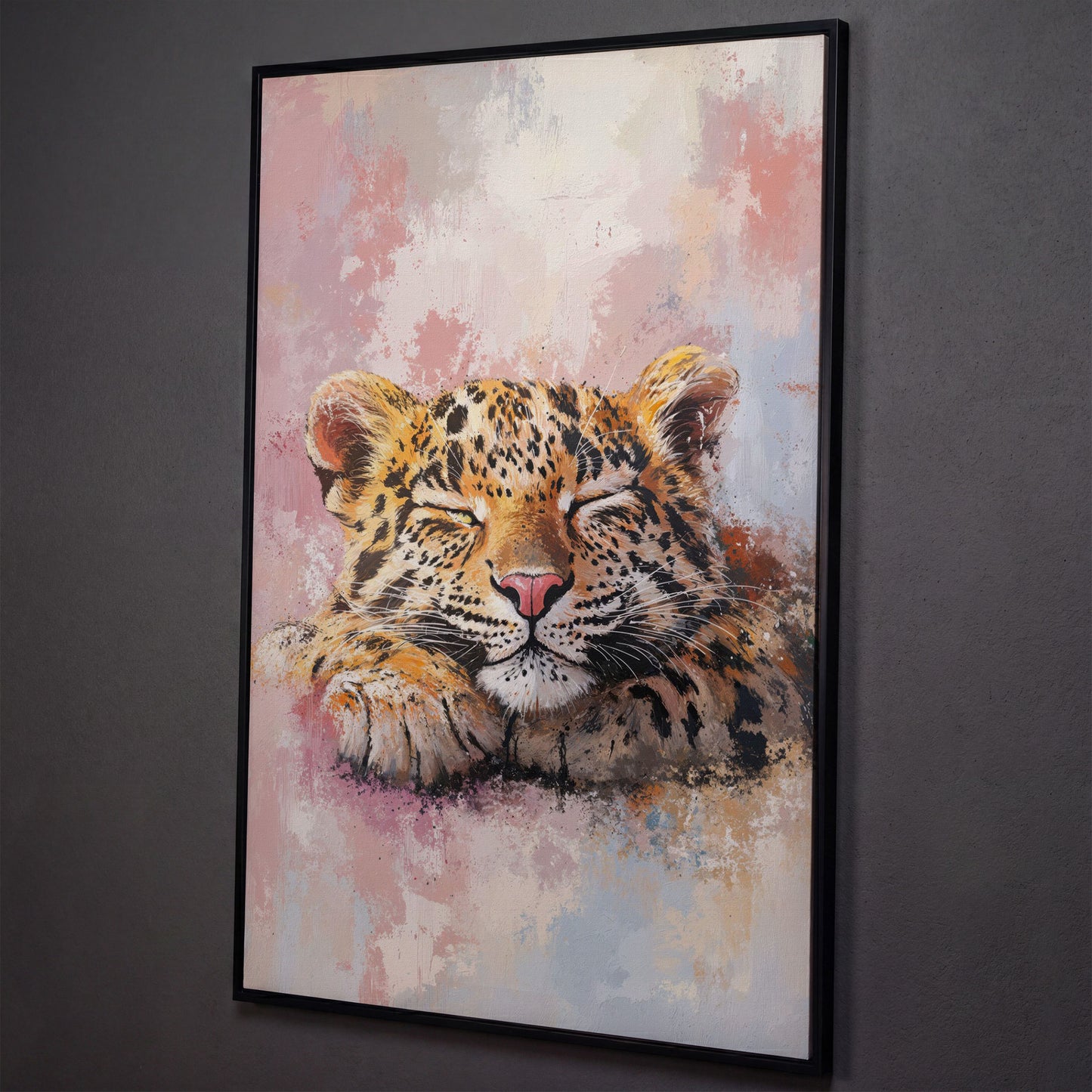 Sleeping Pink Leopard Canvas Print for Nursery shown in black floating frame