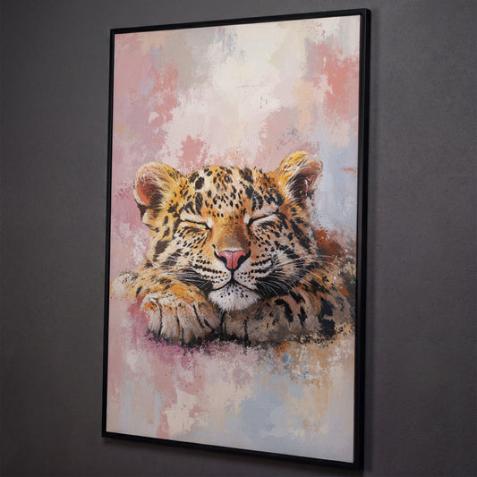 Sleeping Pink Leopard Canvas Print for Nursery shown in black floating frame