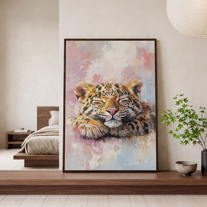 Sleeping Pink Leopard Canvas Print for Nursery in dark walnut floating frame