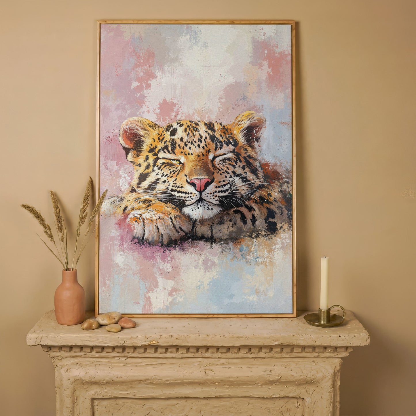 Sleeping Pink Leopard Canvas Print for Nursery in white oak floating frame