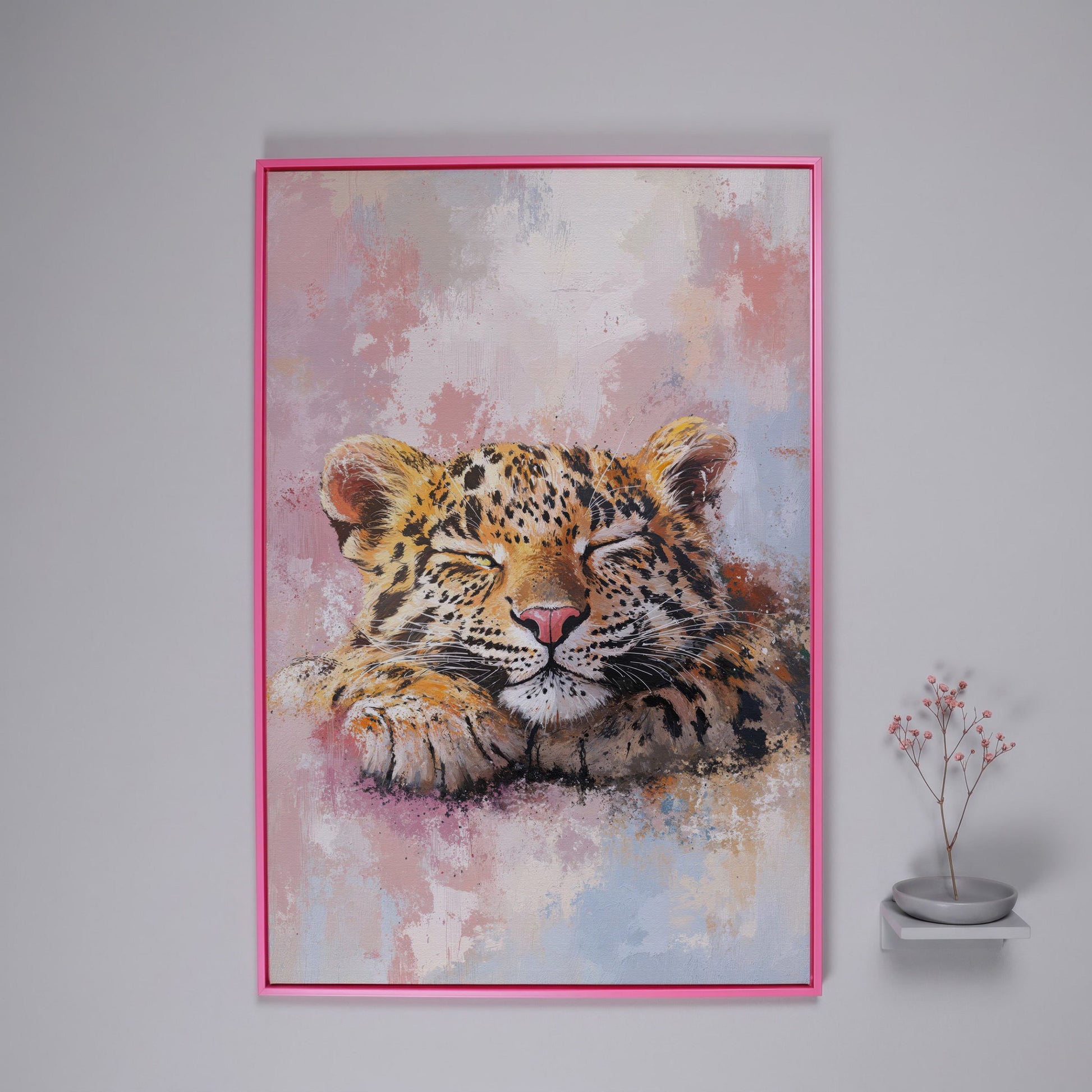 Sleeping Pink Leopard Canvas Print for Nursery in pink floating frame