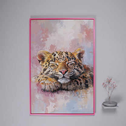 Sleeping Pink Leopard Canvas Print for Nursery in pink floating frame