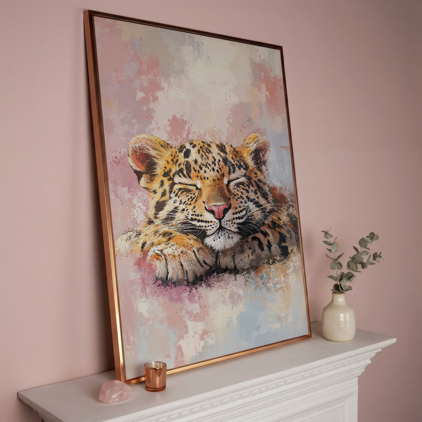 Sleeping Pink Leopard Canvas Print for Nursery in rose gold floating frame