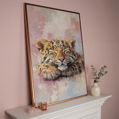 Sleeping Pink Leopard Canvas Print for Nursery in rose gold floating frame
