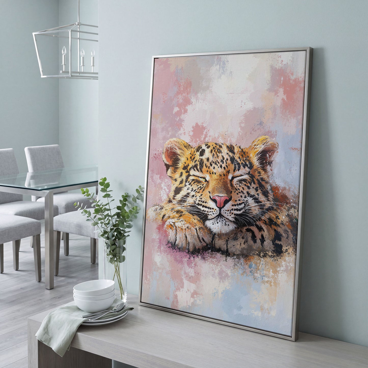 Sleeping Pink Leopard Canvas Print for Nursery in silver floating frame