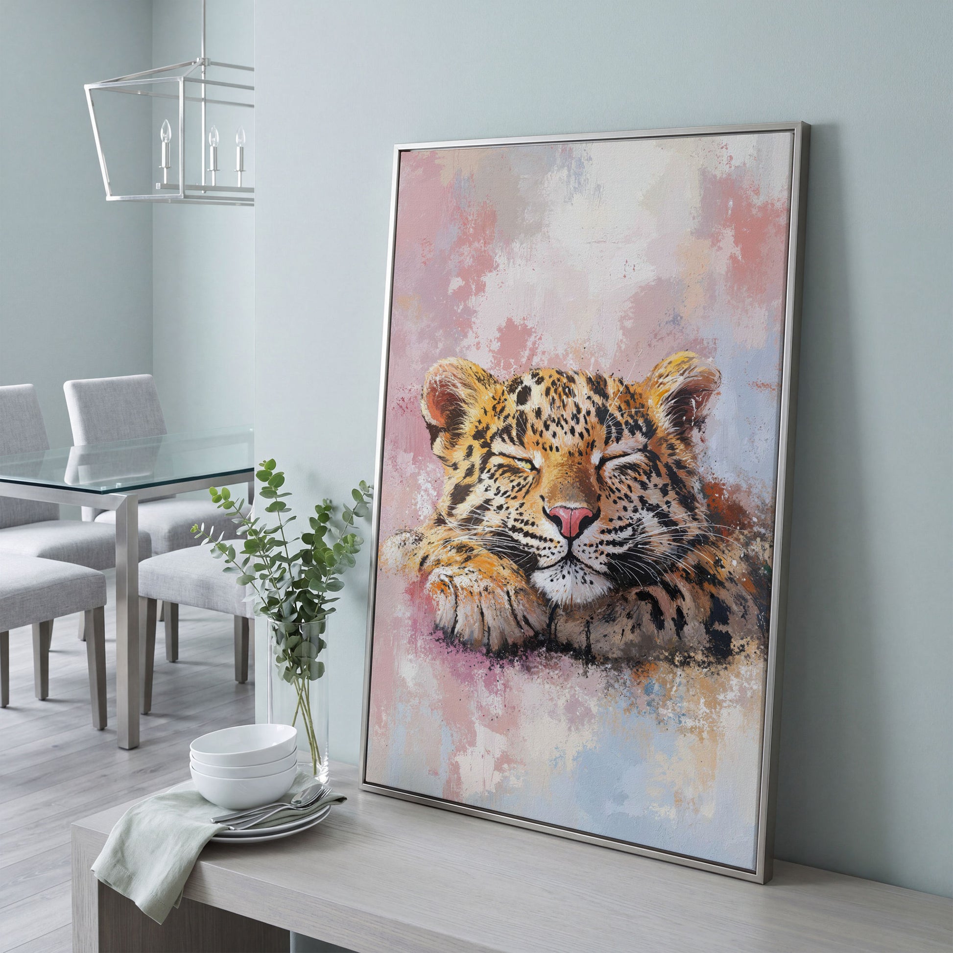 Sleeping Pink Leopard Canvas Print for Nursery in silver floating frame