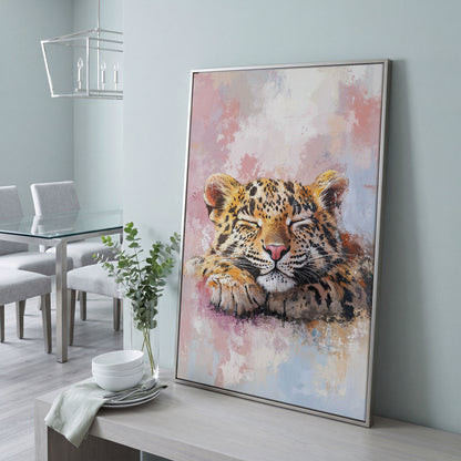 Sleeping Pink Leopard Canvas Print for Nursery in silver floating frame