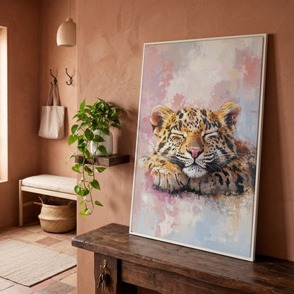 Sleeping Pink Leopard Canvas Print for Nursery in white floating frame