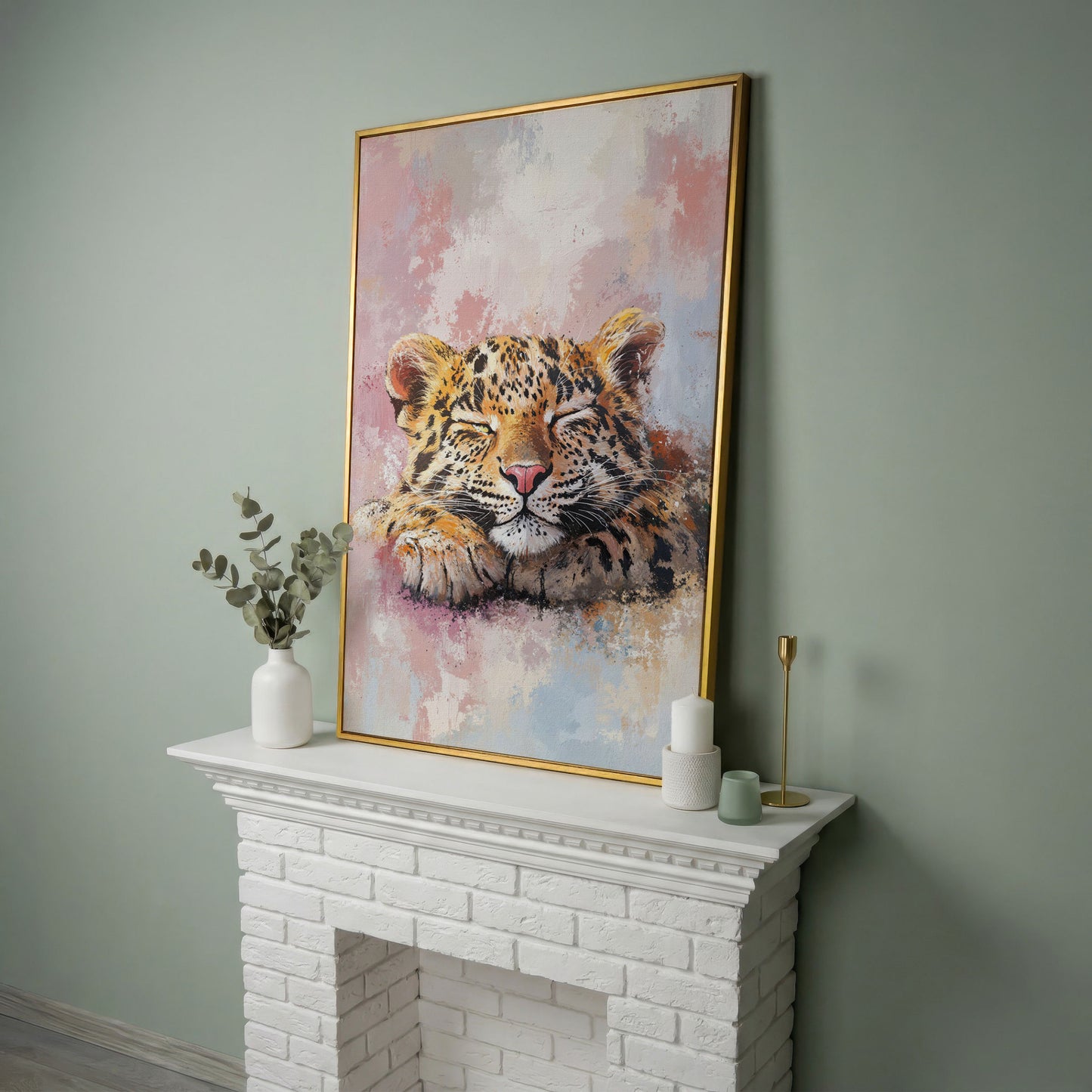 Sleeping Pink Leopard Canvas Print for Nursery in yellow gold floating frame