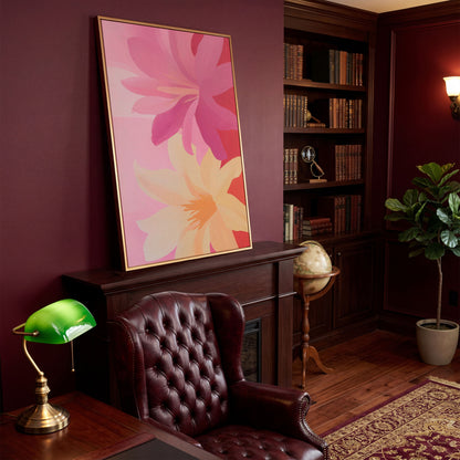Pink and Peach Blooming Flowers Canvas in antique gold floating frame