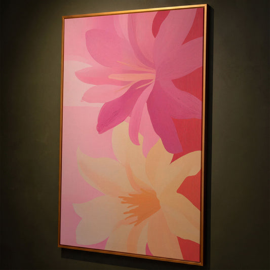 Pink and Peach Blooming Flowers Canvas shown in antique gold floating frame