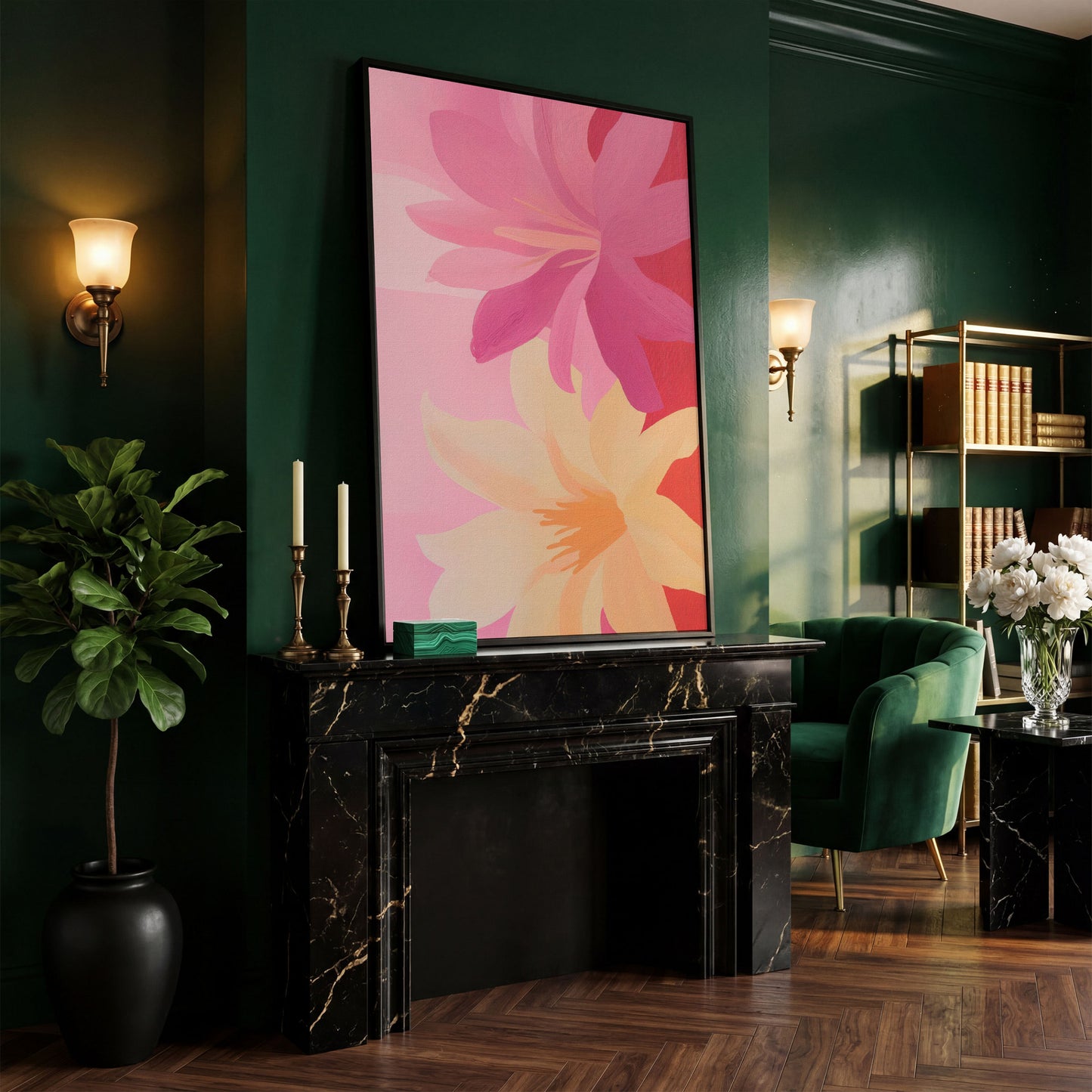 Pink and Peach Blooming Flowers Canvas in black floating frame