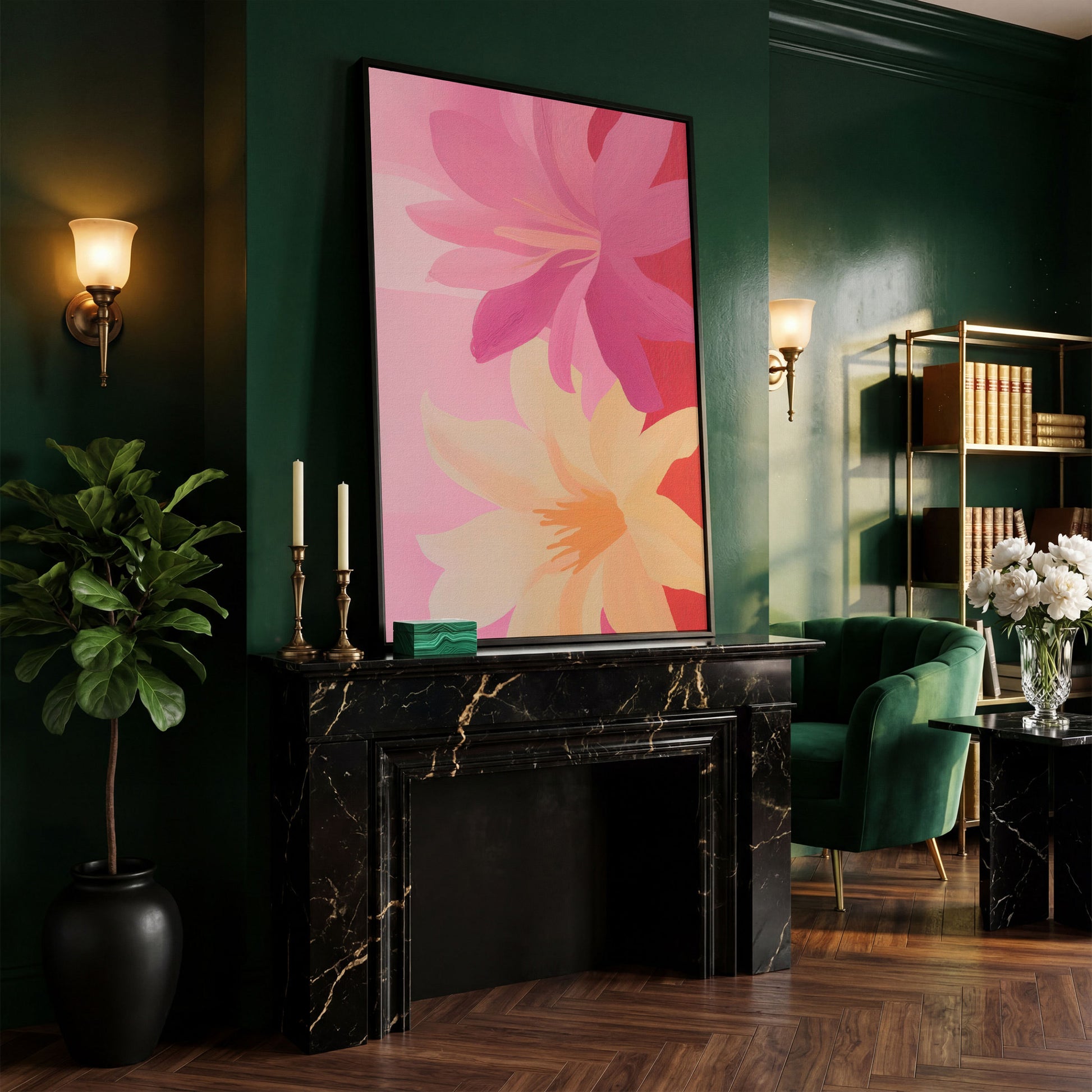 Pink and Peach Blooming Flowers Canvas in black floating frame