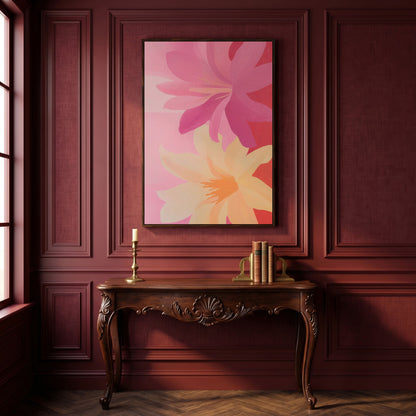 Pink and Peach Blooming Flowers Canvas in dark walnut floating frame