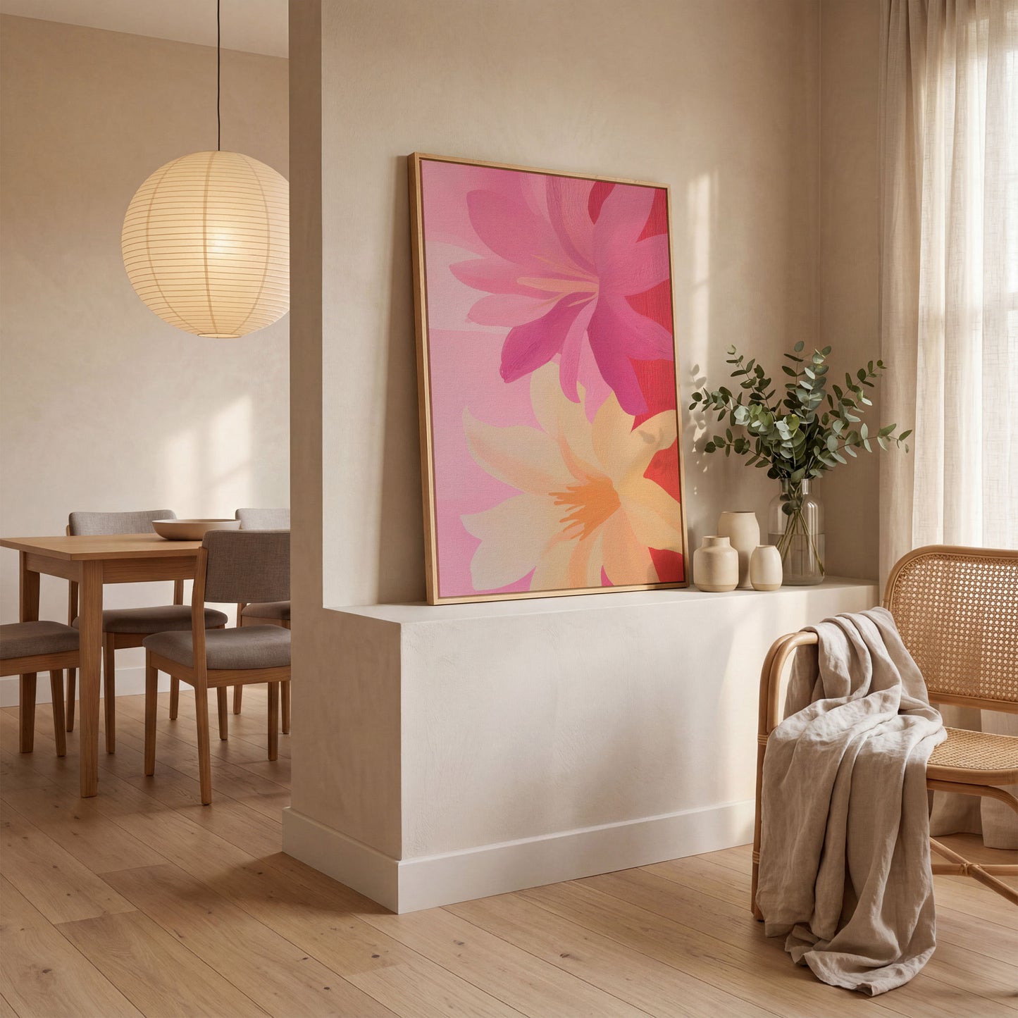 Pink and Peach Blooming Flowers Canvas in white oak floating frame