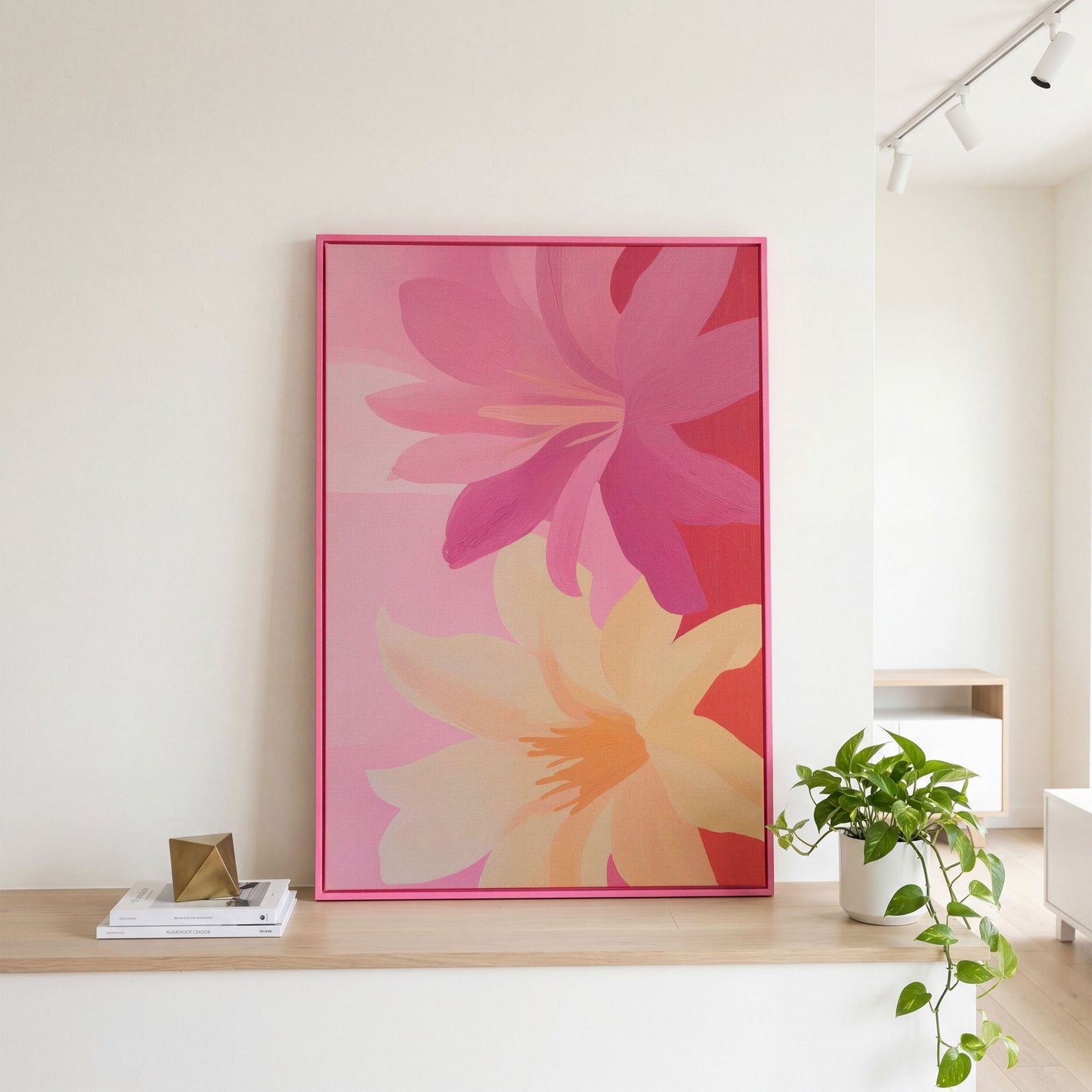 Pink and Peach Blooming Flowers Canvas in pink floating frame