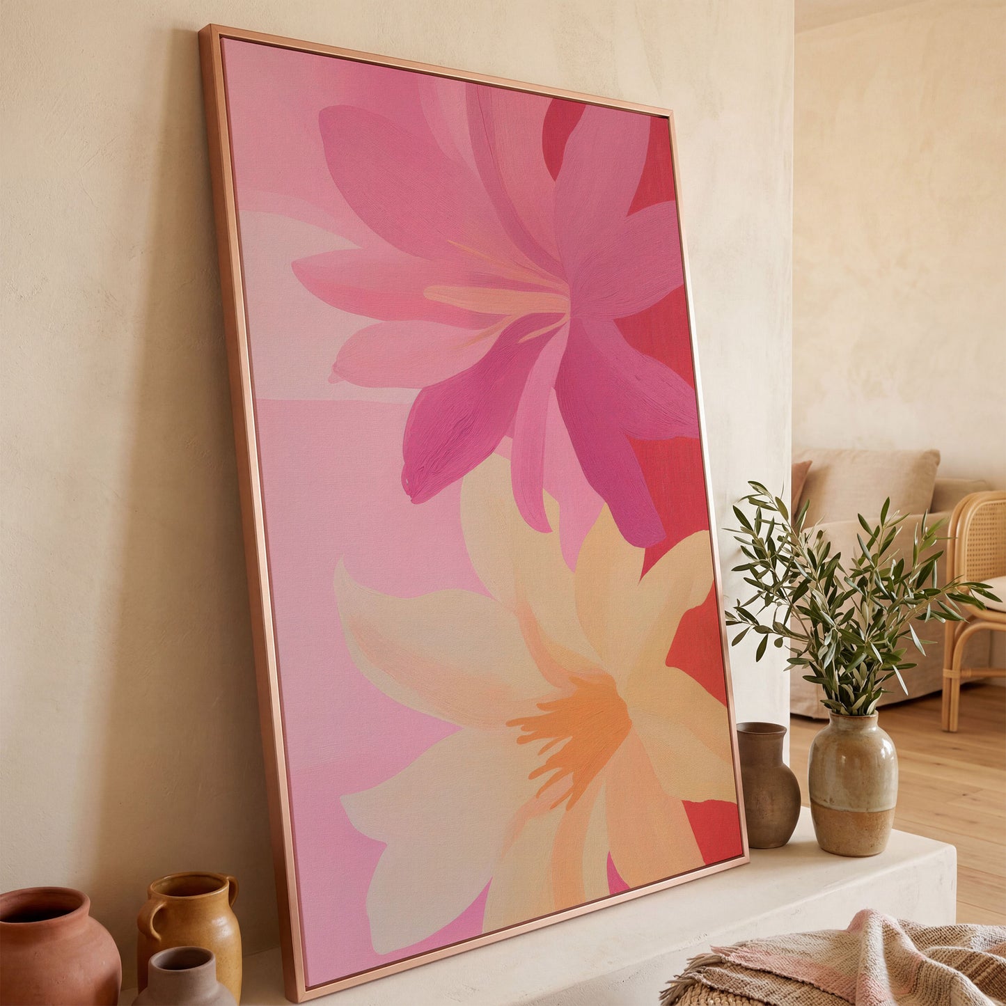 Pink and Peach Blooming Flowers Canvas in rose gold floating frame
