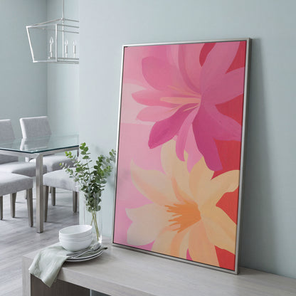 Pink and Peach Blooming Flowers Canvas in silver floating frame