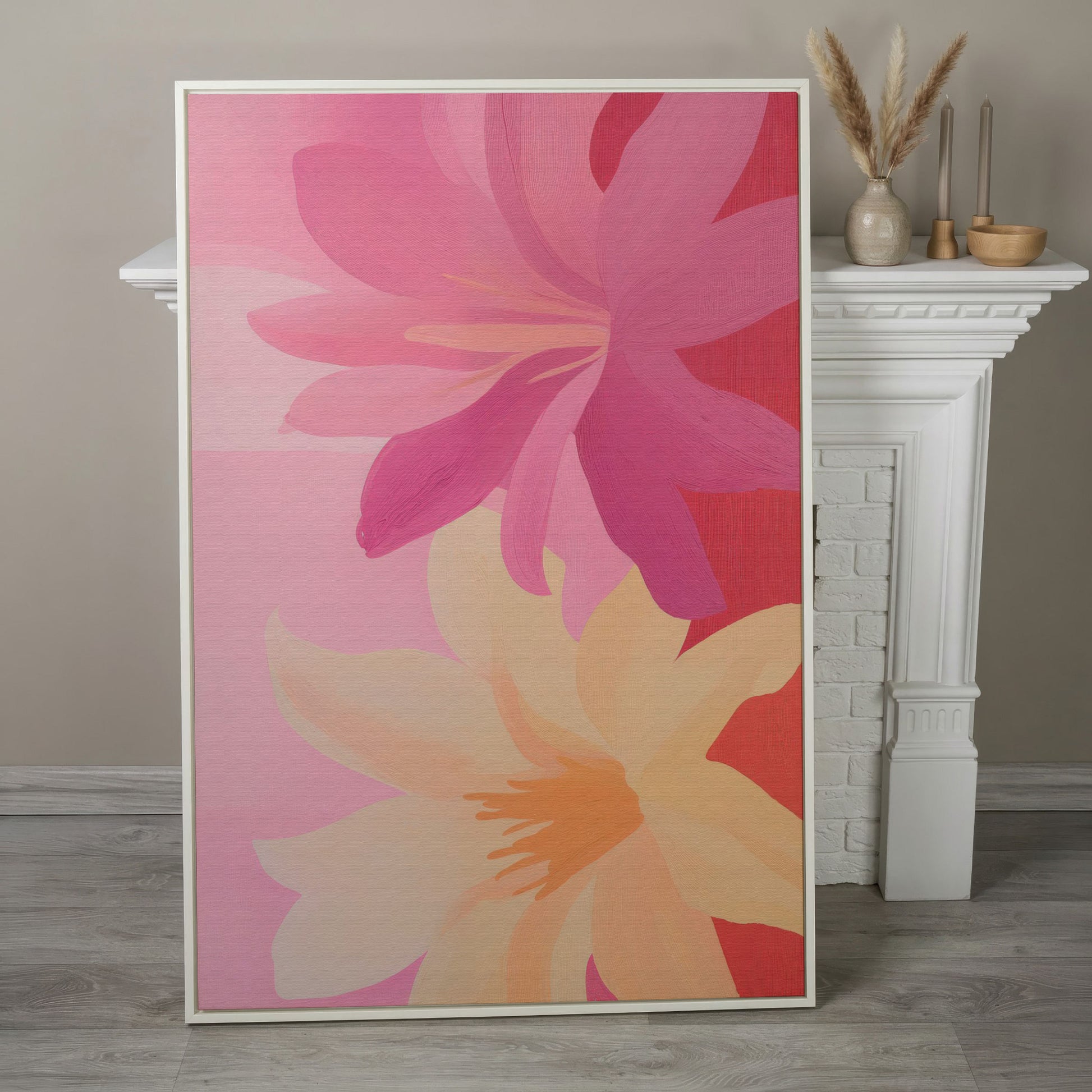 Pink and Peach Blooming Flowers Canvas in white floating frame