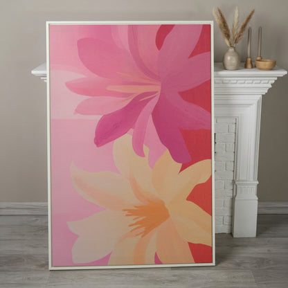Pink and Peach Blooming Flowers Canvas in white floating frame