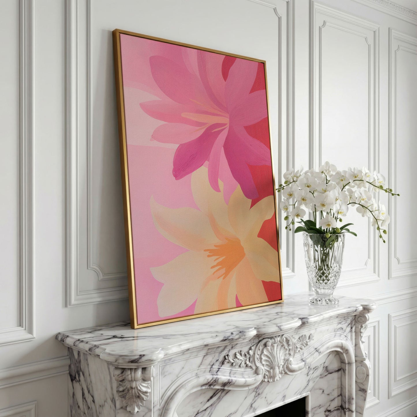 Pink and Peach Blooming Flowers Canvas in yellow gold floating frame