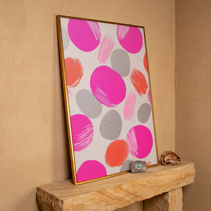 Pink Abstract Circles Canvas in antique gold floating frame