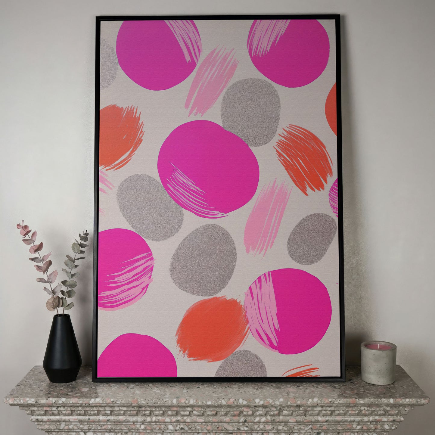 Pink Abstract Circles Canvas in black floating frame